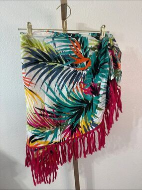 Tropical Palm Leaf Fringe Sarong - Multicolor- 1X- NWT